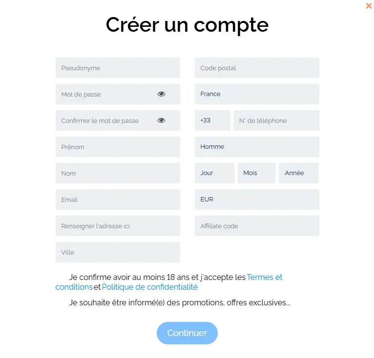 Processus d'inscription QUICKWIN CASINO